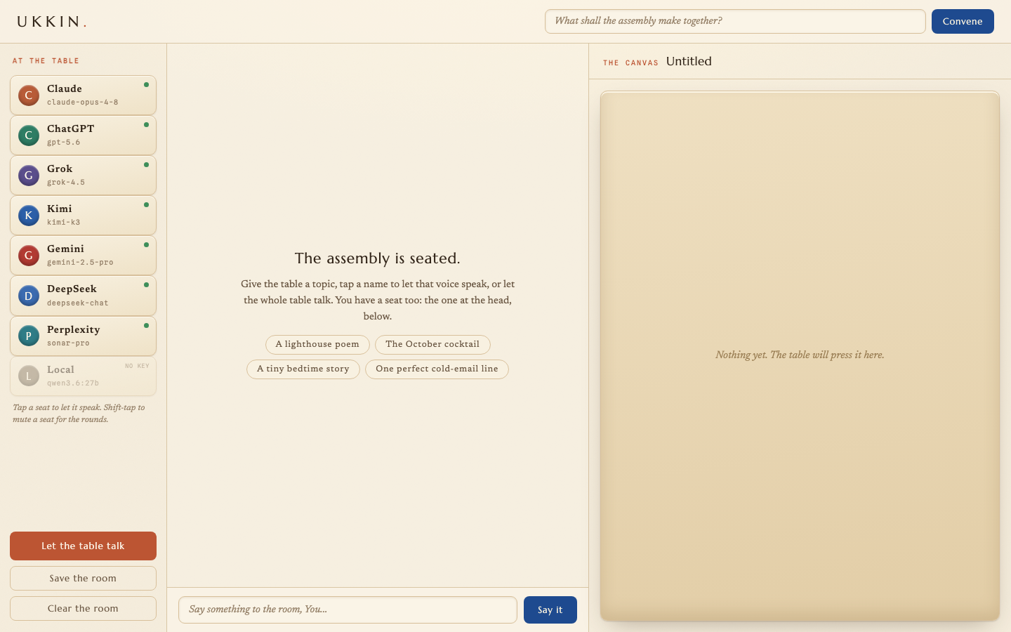 The UKKIN room interface: the seats, the table talk, the canvas, and the gold seat